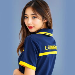 A beautiful Japanese girl wearing the navy polo shirt with yellow accents on the collar and ban, looking back over her shoulder