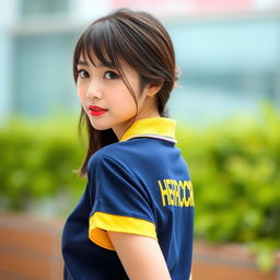 A beautiful Japanese girl wearing the navy polo shirt with yellow accents on the collar and ban, looking back over her shoulder