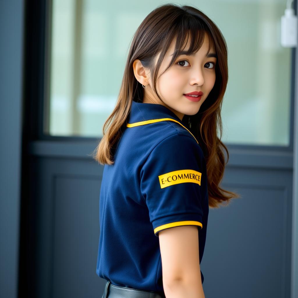 A beautiful Japanese girl wearing the navy polo shirt with yellow accents on the collar and ban, looking back over her shoulder