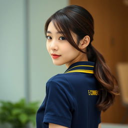 A beautiful Japanese girl wearing the navy polo shirt with yellow accents on the collar and ban, looking back over her shoulder