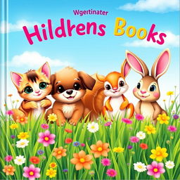 A delightful cover for a children's book featuring an adorable group of cute animals including a playful kitten, a cuddly puppy, a cheerful squirrel, and a curious bunny