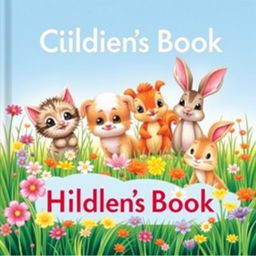 A delightful cover for a children's book featuring an adorable group of cute animals including a playful kitten, a cuddly puppy, a cheerful squirrel, and a curious bunny