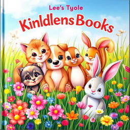 A delightful cover for a children's book featuring an adorable group of cute animals including a playful kitten, a cuddly puppy, a cheerful squirrel, and a curious bunny