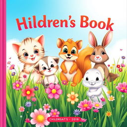 A delightful cover for a children's book featuring an adorable group of cute animals including a playful kitten, a cuddly puppy, a cheerful squirrel, and a curious bunny