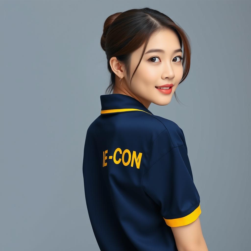 A Korean beautiful girl wearing the navy polo shirt with yellow accents on the collar and ban