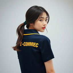 A Korean beautiful girl wearing the navy polo shirt with yellow accents on the collar and ban