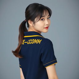 A Korean beautiful girl wearing the navy polo shirt with yellow accents on the collar and ban