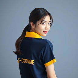 A Korean beautiful girl wearing the navy polo shirt with yellow accents on the collar and ban