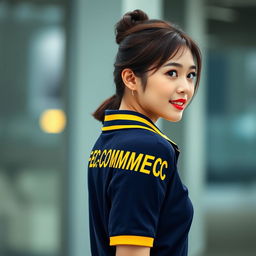 A Korean beautiful girl wearing the navy polo shirt with yellow accents on the collar and ban, looking back over her shoulder