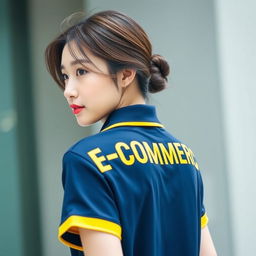 A Korean beautiful girl wearing the navy polo shirt with yellow accents on the collar and ban, looking back over her shoulder