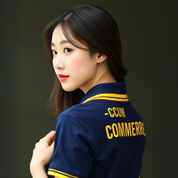 A Korean beautiful girl wearing the navy polo shirt with yellow accents on the collar and ban, looking back over her shoulder