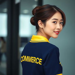 A Korean beautiful girl wearing the navy polo shirt with yellow accents on the collar and ban, looking back over her shoulder