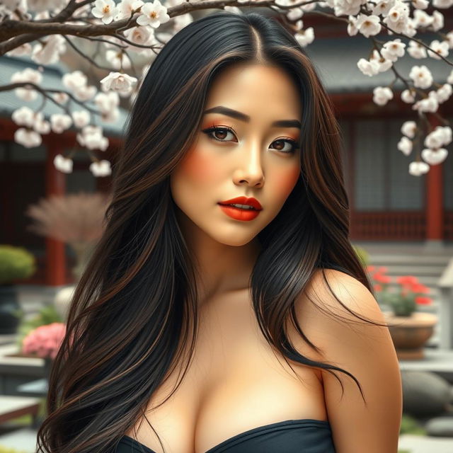 a captivating portrait of an alluring Asian woman with voluptuous curves, long flowing hair, striking facial features, and an understated elegance, set against a backdrop of an intricately designed traditional Asian garden with delicate cherry blossoms in bloom, lending a serene and harmonious atmosphere