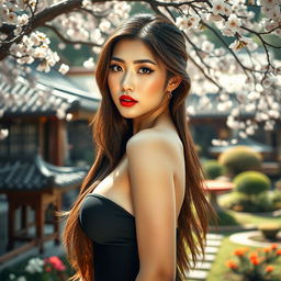 a captivating portrait of an alluring Asian woman with voluptuous curves, long flowing hair, striking facial features, and an understated elegance, set against a backdrop of an intricately designed traditional Asian garden with delicate cherry blossoms in bloom, lending a serene and harmonious atmosphere