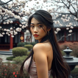 a captivating portrait of an alluring Asian woman with voluptuous curves, long flowing hair, striking facial features, and an understated elegance, set against a backdrop of an intricately designed traditional Asian garden with delicate cherry blossoms in bloom, lending a serene and harmonious atmosphere