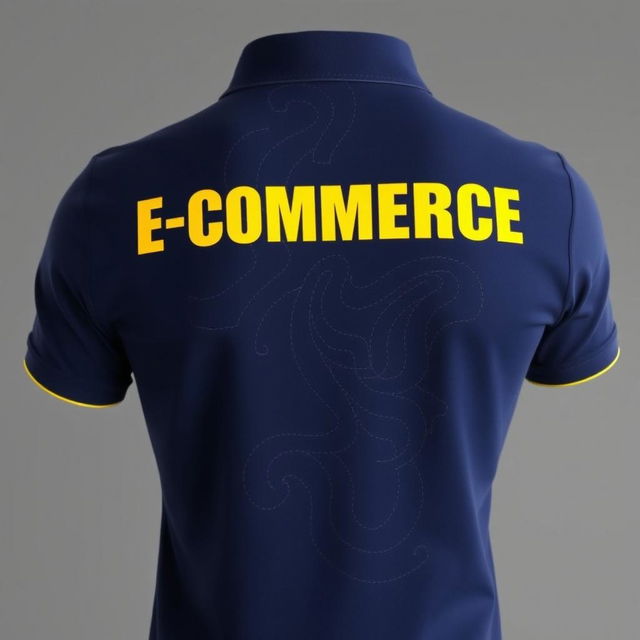 A navy polo shirt featuring a list of yellow details on the collar