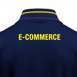 A navy polo shirt featuring a list of yellow details on the collar