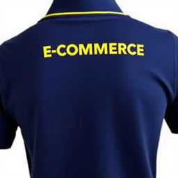 A navy polo shirt featuring a list of yellow details on the collar