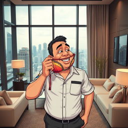 A humorous scene featuring Lek, a bumbling yet lovable security guard, in a luxurious Bangkok apartment