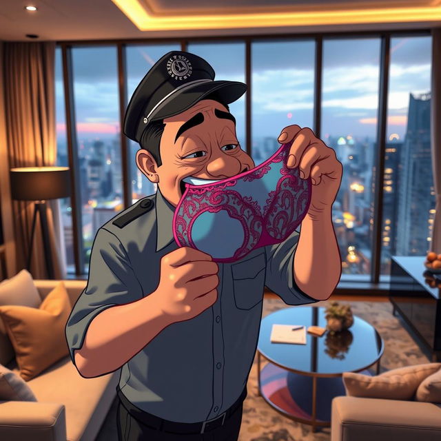 A humorous scene featuring Lek, a bumbling yet lovable security guard, in a luxurious Bangkok apartment