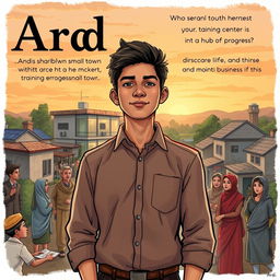 A book cover illustration featuring a young man named Ardi standing confidently in the center of a small town transforming into a hub of progress