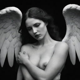 An emotional image of Lilith, a strong and enigmatic figure, compassionately embracing a fallen angel, symbolizing comfort in dark times.