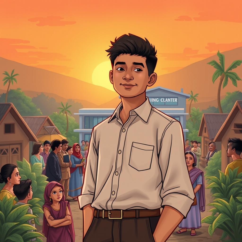 A book cover illustration featuring a young man named Ardi standing confidently in the center of a small town transforming into a hub of progress