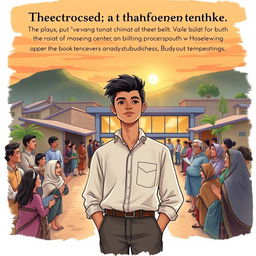 A book cover illustration featuring a young man named Ardi standing confidently in the center of a small town transforming into a hub of progress