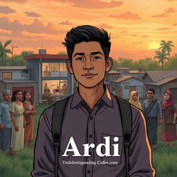 A book cover illustration featuring a young man named Ardi standing confidently in the center of a small town transforming into a hub of progress