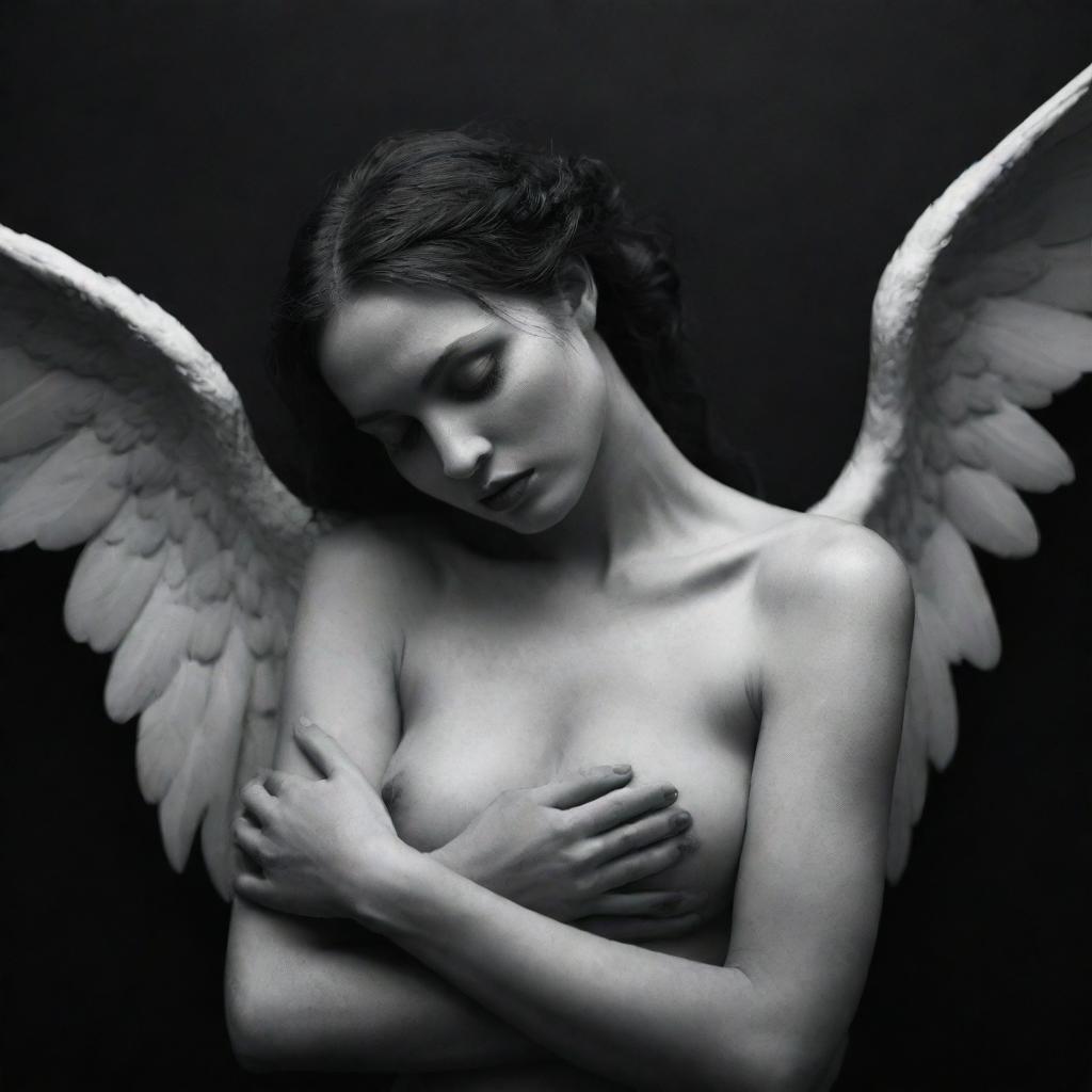 An emotional image of Lilith, a strong and enigmatic figure, compassionately embracing a fallen angel, symbolizing comfort in dark times.