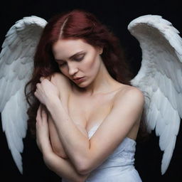 An emotional image of Lilith, a strong and enigmatic figure, compassionately embracing a fallen angel, symbolizing comfort in dark times.