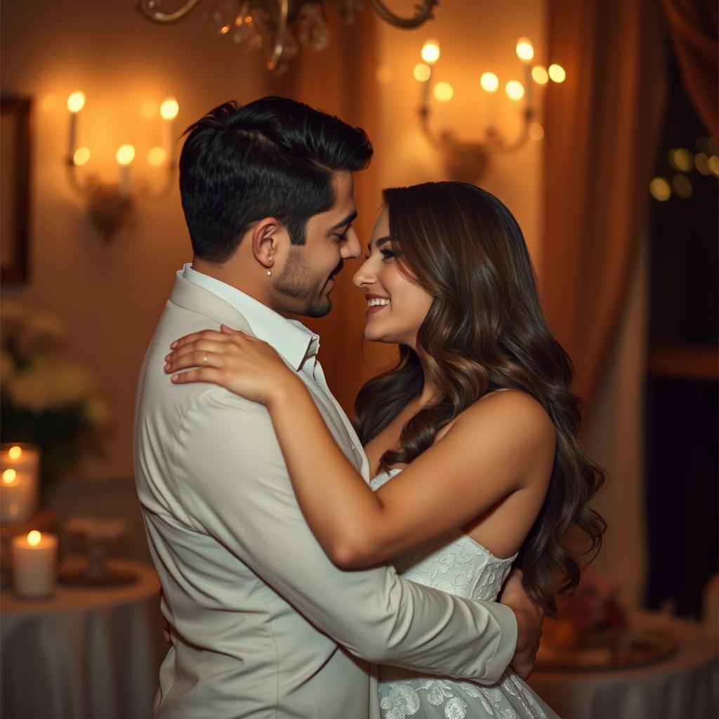 A beautiful couple in an intimate setting, embracing each other with passion and tenderness, surrounded by a romantic atmosphere featuring soft lighting and elegant decor