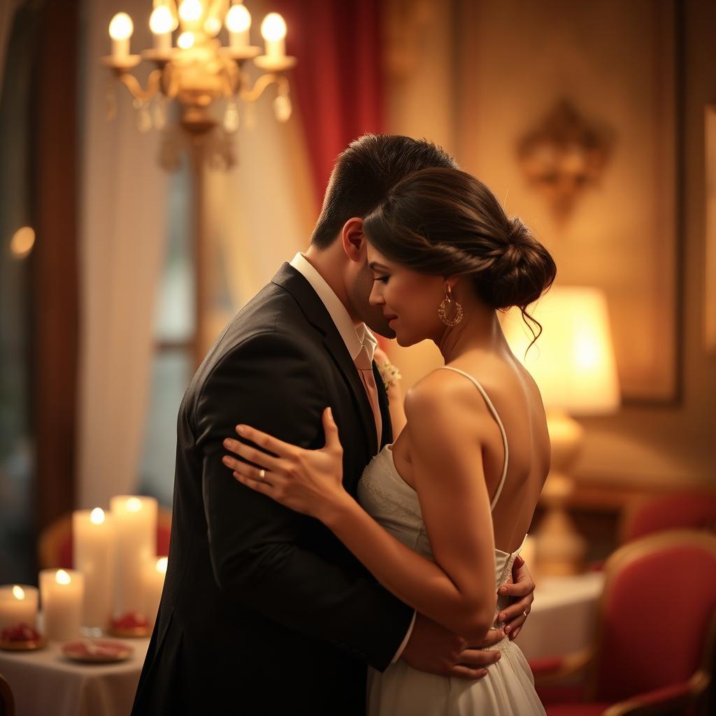 A beautiful couple in an intimate setting, embracing each other with passion and tenderness, surrounded by a romantic atmosphere featuring soft lighting and elegant decor