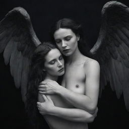 An emotional image of Lilith, a strong and enigmatic figure, compassionately embracing a fallen angel, symbolizing comfort in dark times.