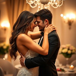 A beautiful couple in an intimate setting, embracing each other with passion and tenderness, surrounded by a romantic atmosphere featuring soft lighting and elegant decor