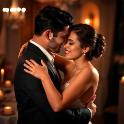 A beautiful couple in an intimate setting, embracing each other with passion and tenderness, surrounded by a romantic atmosphere featuring soft lighting and elegant decor