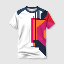 A stylish and trendy t-shirt design featuring a vibrant and abstract geometric pattern with bold lines and contrasting colors, suitable for casual wear