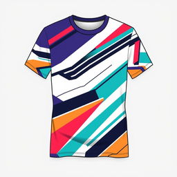 A stylish and trendy t-shirt design featuring a vibrant and abstract geometric pattern with bold lines and contrasting colors, suitable for casual wear