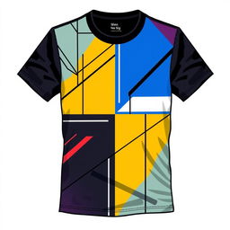 A stylish and trendy t-shirt design featuring a vibrant and abstract geometric pattern with bold lines and contrasting colors, suitable for casual wear