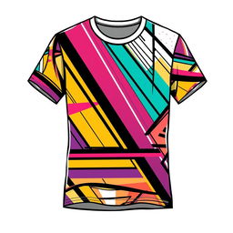 A stylish and trendy t-shirt design featuring a vibrant and abstract geometric pattern with bold lines and contrasting colors, suitable for casual wear