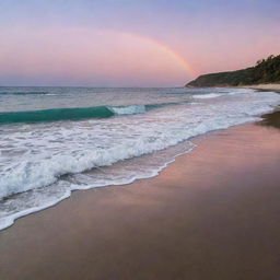 A serene twilight beach, with gentle waves lapping at the shore and a rainbow-hued sunset reflecting off the tranquil waters