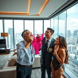 A humorous scene in a luxurious Bangkok apartment where Lek, a bumbling but lovable security guard, holds a vibrant piece of lingerie close to his face, taking a deep, exaggerated sniff with a comically blissful expression