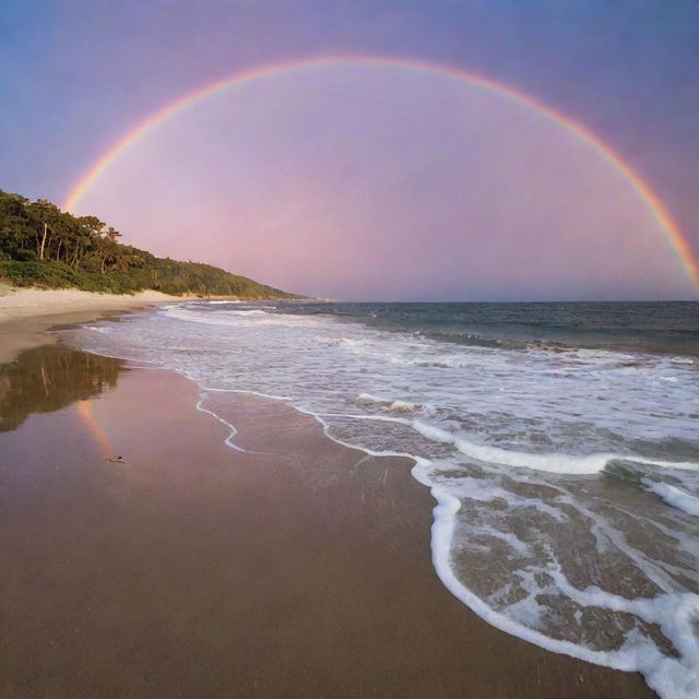 A serene twilight beach, with gentle waves lapping at the shore and a rainbow-hued sunset reflecting off the tranquil waters