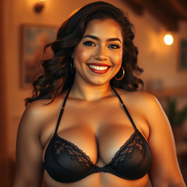 A curvaceous Mexican woman, embodying the quintessential MILF look, wearing an elegant black bra