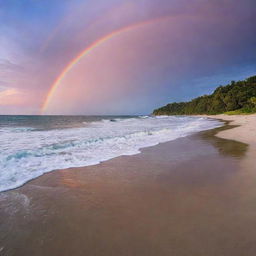 A serene twilight beach, with gentle waves lapping at the shore and a rainbow-hued sunset reflecting off the tranquil waters