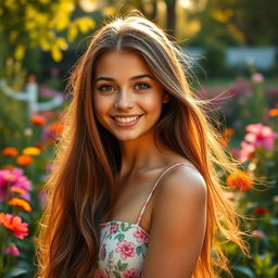 A beautiful young woman with long flowing hair, expressive eyes, and a warm smile, wearing a summer dress, standing in a blooming garden during the golden hour