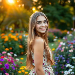 A beautiful young woman with long flowing hair, expressive eyes, and a warm smile, wearing a summer dress, standing in a blooming garden during the golden hour