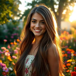 A beautiful young woman with long flowing hair, expressive eyes, and a warm smile, wearing a summer dress, standing in a blooming garden during the golden hour