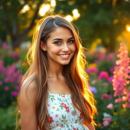 A beautiful young woman with long flowing hair, expressive eyes, and a warm smile, wearing a summer dress, standing in a blooming garden during the golden hour