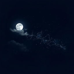 A digital artwork of a starry night sky featuring a captivating blend of shimmering stars, a luminous moon partly hidden behind wispy clouds, and a faint Milky Way streaking across the horizon